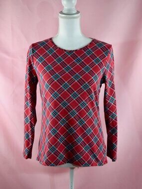Talbots Women's Red Green Plaid Holiday Long Sleeve Tee Shirt | Size MP Petite